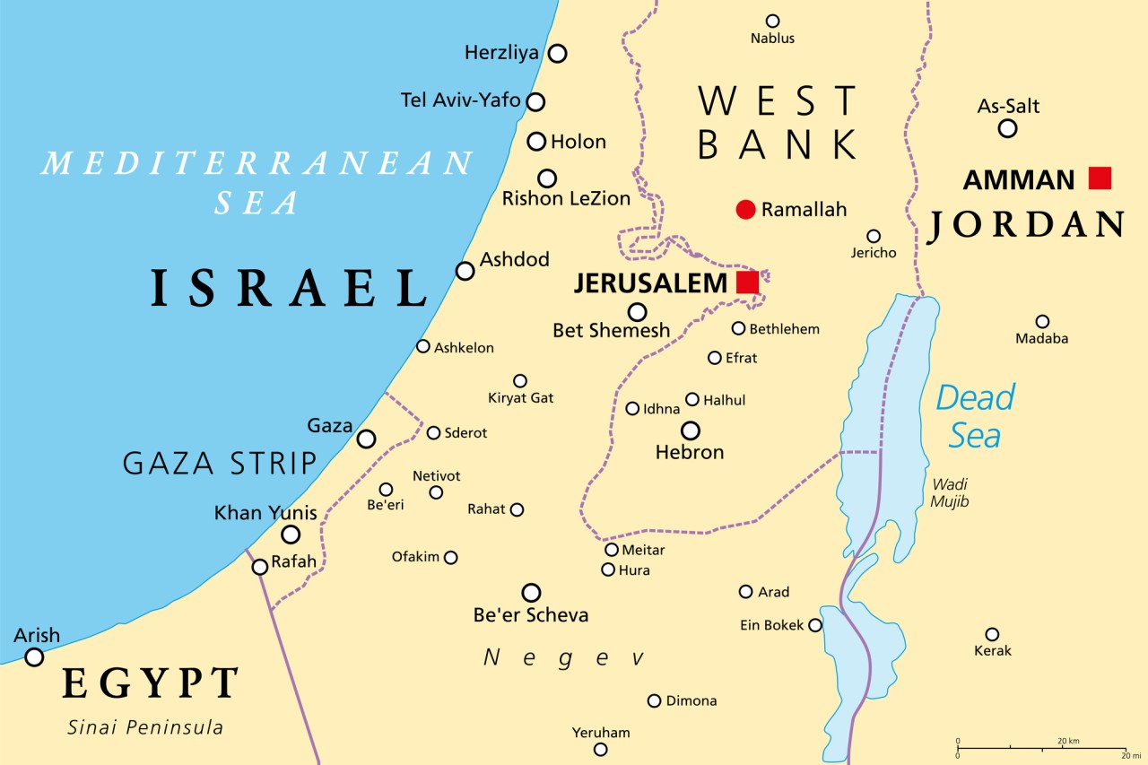 Map of Israel showing surrounding countries of Jordan and Egypt, and the Mediterranean Sea. It also shows the Gaza Strip and the West Bank.