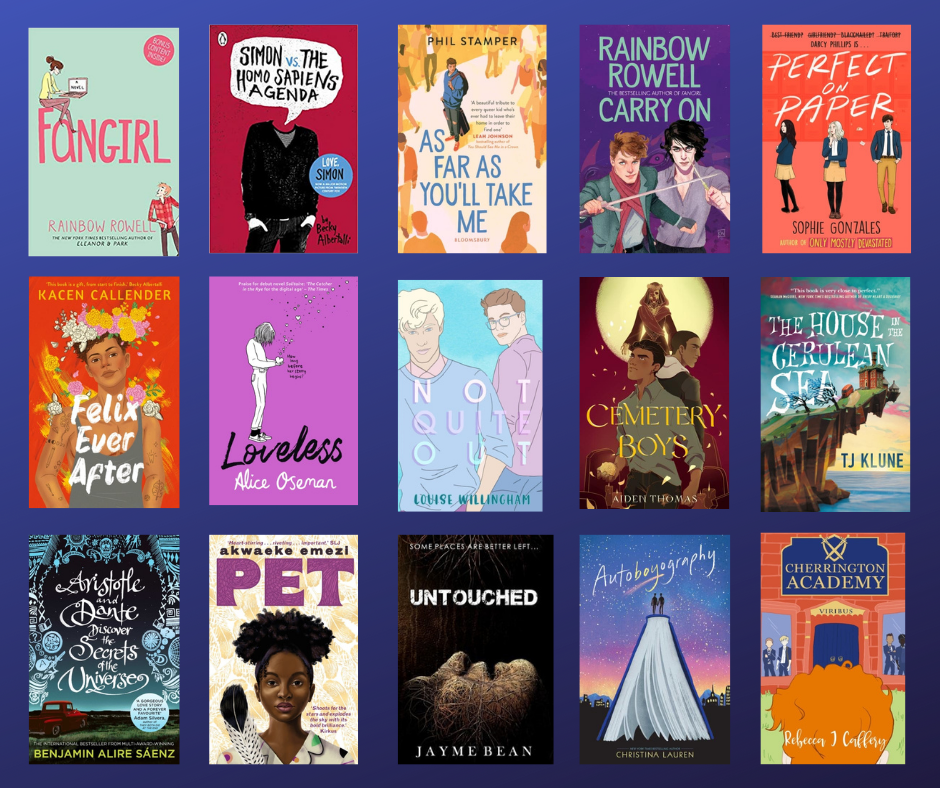 A grid of book covers, with 3 rows of books with 5 books in each row. The books are as follows - top row - fangirl, Simon vs the homosapiens agenda, as far as you'll take me, carry on, perfect on paper. middle row, felix ever after, loveless, not quite out, cemetery boys, the house on the cerulean sea. bottom row, aristotle and dante discover the secrets of the universe, pet, untouched, autoboyography, cherrington academy.