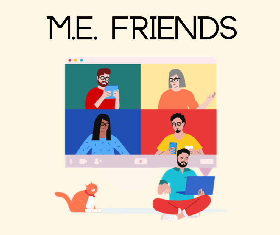An illustration of a man sitting cross legged and holding a laptop, with a ginger cat beside him. Behind him is a large screen showing 4 different characters on a conference call. Above the image are the words M.E. Friends