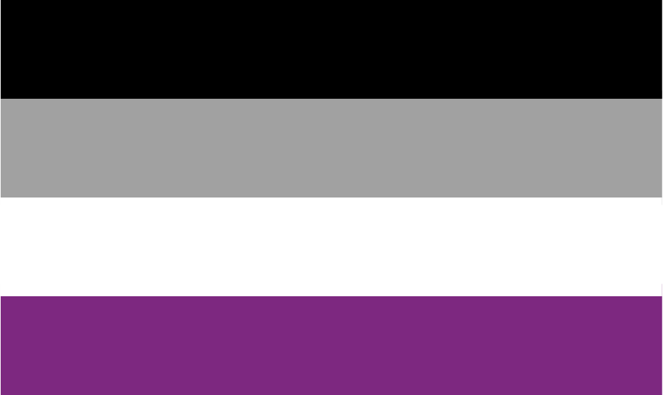Asexual flag, which has 4 horizontal stripes with black at the top, then grey, then white, and finally purple at the bottom.