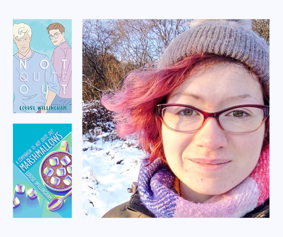 The Author Louise WIllingham, a white woman with short pink hair and brown eyes. She is wearing a grey hat and a pink and purple scarf, and standing outside on a snowy day. Next two her image are copies of her two published books - Not Quite Out and Marshmallows.