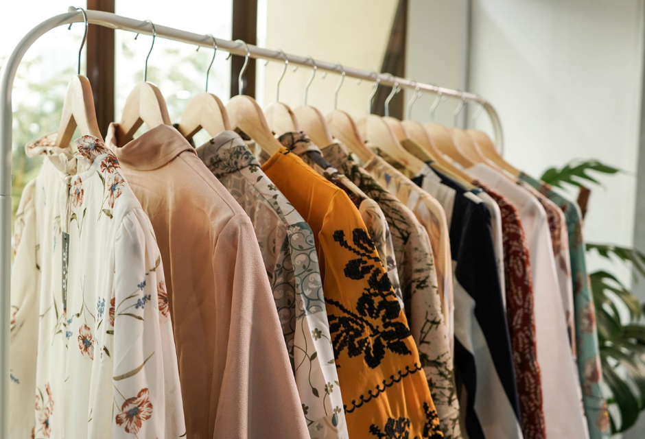 A selection of different patterned shirts and tops hanging on a clothes rack